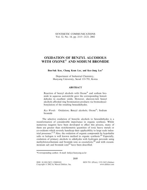 Oxidation Of Benzyl Alcohols With Oxone And Sodium Bromide