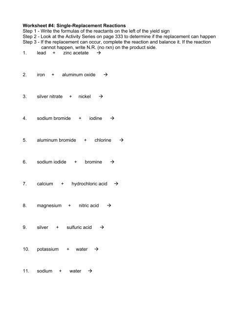 Worksheet #4: Single-Replacement Reactions  - ScienceGeek.net