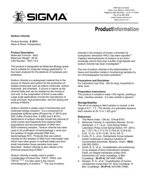 Sodium Chloride S3014 Product Information Sheet Sigma Aldrich