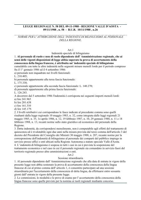 LEGGE Valle D'Aosta 58-1998 INDENNITà BILINGUISMO