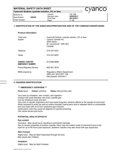 Cyanco® Sodium cyanide solution, 2 or less - EN MSDS