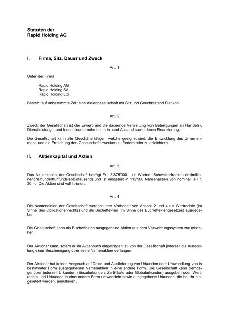 Statuten der Rapid Holding AG I. Firma, Sitz, Dauer und Zweck II ...