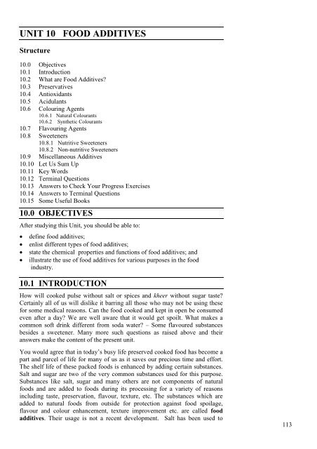 UNIT 10 FOOD ADDITIVES - IGNOU