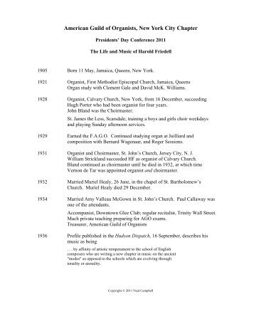 Harold Friedell Biographical Time Line - New York City Chapter AGO