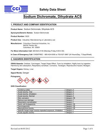Sodium Dichromate - Dihydrate MSDS - Columbus Chemical ...