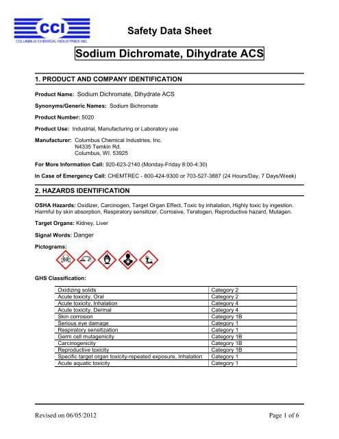 Sodium Dichromate Dihydrate Msds Columbus Chemical