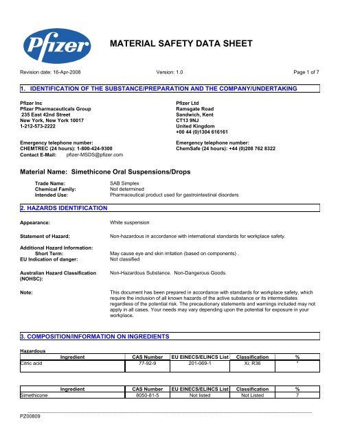 MATERIAL SAFETY DATA SHEET - Pfizer