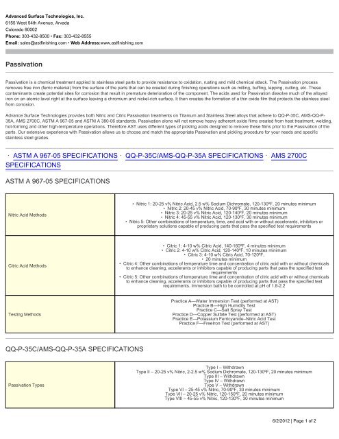 Passivation · ASTM A 967-05 SPECIFICATIONS - Advanced Surface ...