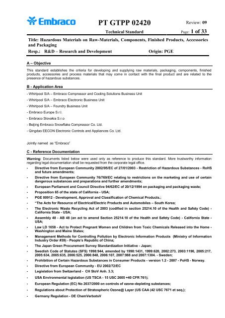 hazardous Substances - specification - Embraco