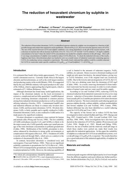 The reduction of hexavalent chromium by sulphite in wastewater