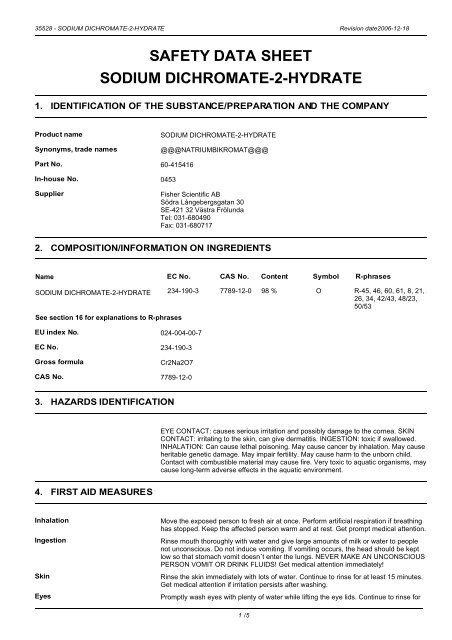 Safety Data Sheet Sodium Dichromate 2 Hydrate Fisher Scientific