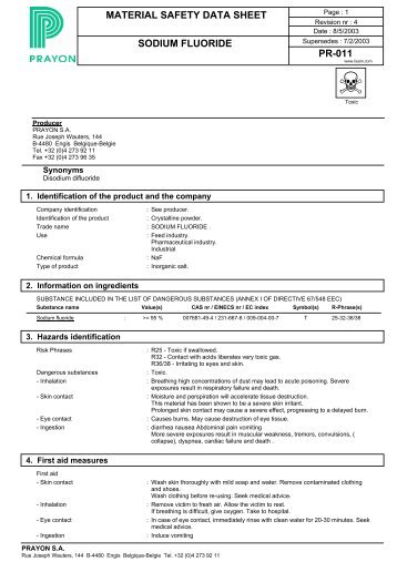 material safety data sheet sodium fluoride pr-011 - Prayon