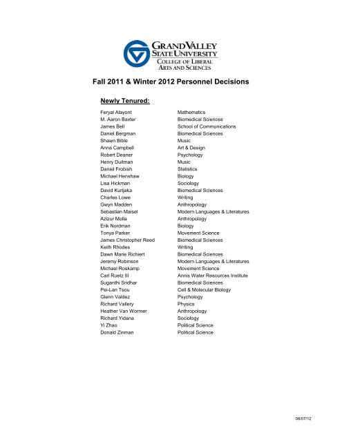 Fall 2011 & Winter 2012 Personnel Decisions