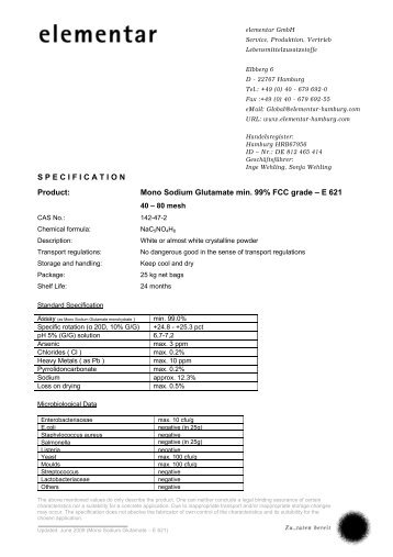 Mono Sodium Glutamate min. 99% FCC grade - Elementar - Hamburg