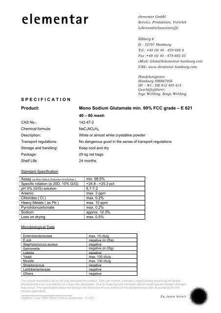 Mono Sodium Glutamate min. 99% FCC grade - Elementar - Hamburg