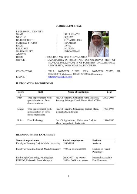 Curriculum Vitae I Personal Identity Name Upm Institut Perhutanan