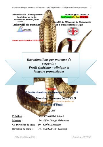 Envenimations par morsure de serpents : Profil épidémio – clinique ...