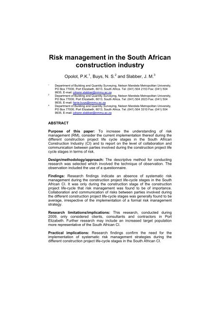 Risk management in the South African construction industry