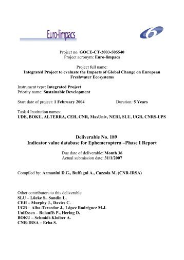 Deliverable No. 189 Indicator value database for Ephemeroptera ...