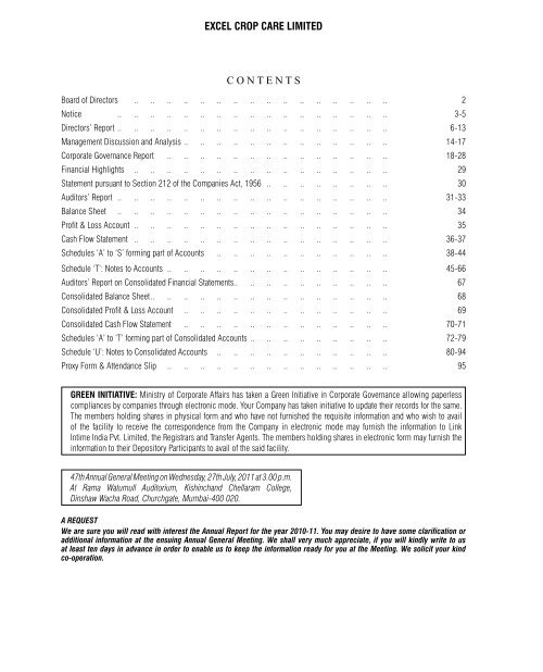 EXCEL CROP CARE LIMITED C O N T E N T S - BSE