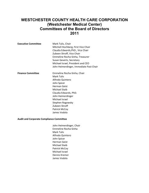 Committees of the Board of Directors - Westchester Medical Center