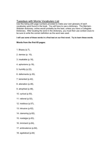 Tuesdays with Morrie Vocabulary List