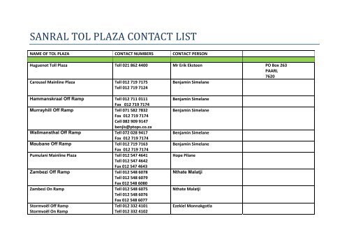 toll roads contact - sanral