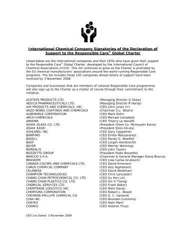 Signatories of the Declaration of Support to the Responsible Care ...