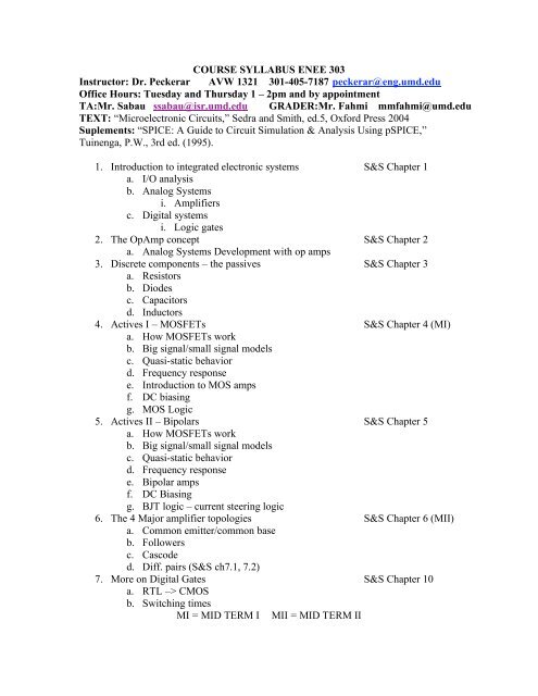 COURSE SYLLABUS ENEE 303 Instructor: Dr. Peckerar AVW ... - ECE