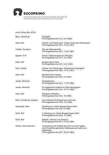 Archiv Afrika (Nov.2012) Boer, Cornelis de Eisengeld ... - Eucoprimo