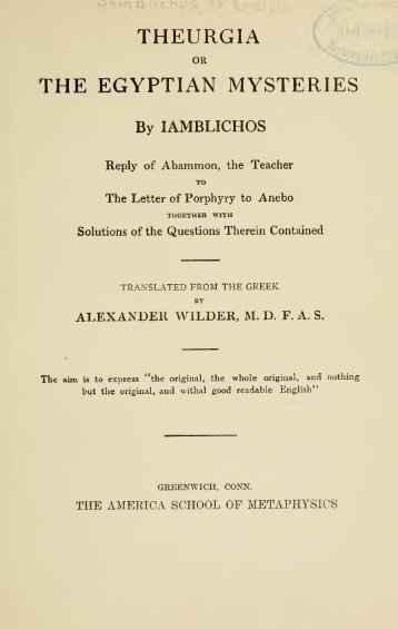 Iamblichus on Theurgy (1915) - tr. Wilder - Philaletheians