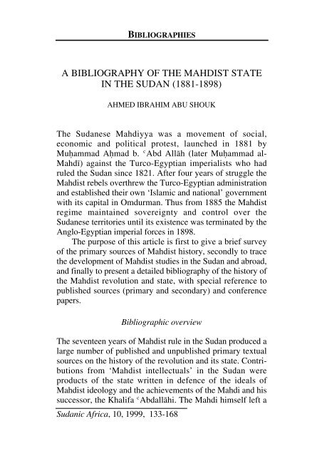 The Mahdiyya, Bib. - Centre for Middle Eastern Studies