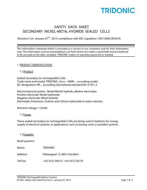 SAFETY DATA SHEET SECONDARY NICKEL-METAL HYDRIDE ...