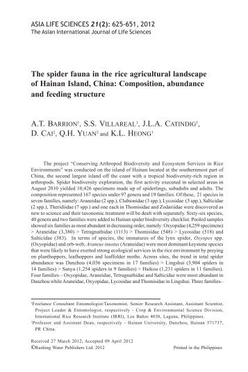 Barrion, A.T. et al. 2012. The spider fauna - Hainan Project