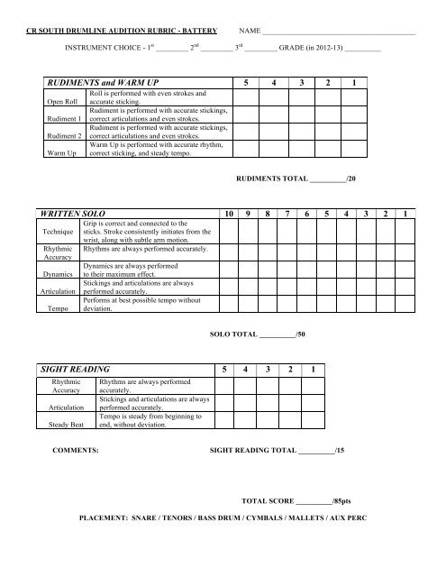 CR SOUTH DRUMLINE RUBRIC - BATTERY - Weebly