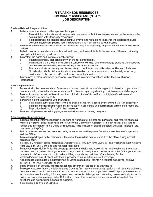 rita atkinson residences community assistant position job application