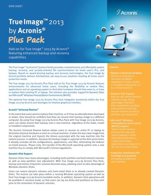 Acronis True Image 2013 Plus Pack Datasheet