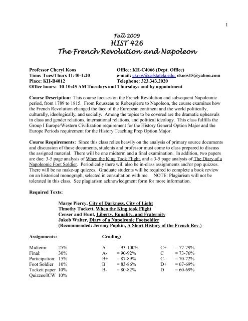 HIST 426 The French Revolution and Napoleon