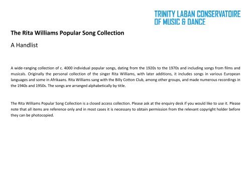 hand list of the Rita Williams Popular Song - Laban