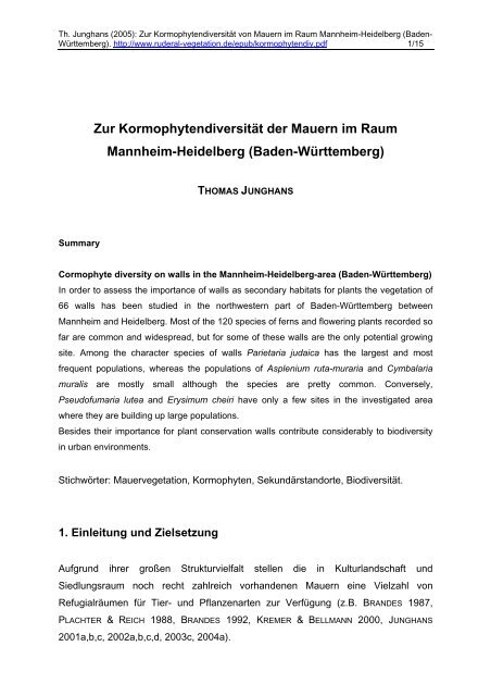 Zur Kormophytendiversität der Mauern im Raum Mannheim ...