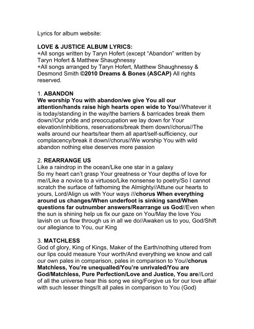 Lyrics For Album Website Love Justice Taryn Hofert