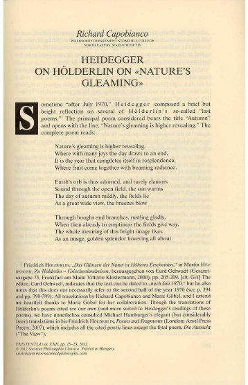 Heidegger on Hölderlin on 'Nature's Gleaming'