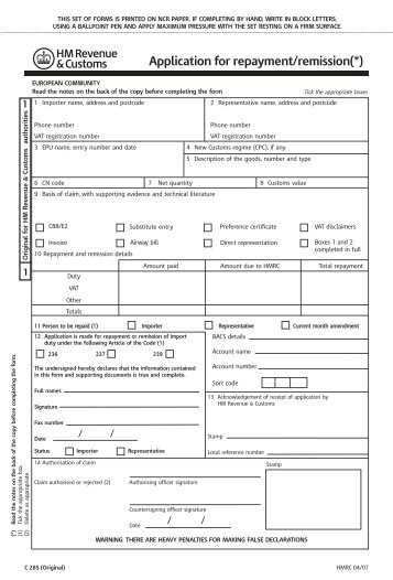 Application for repayment/remission - HM Revenue & Customs