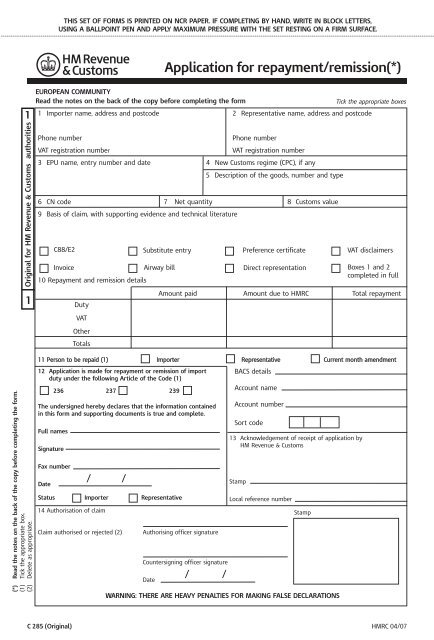 Application for repayment/remission - HM Revenue & Customs