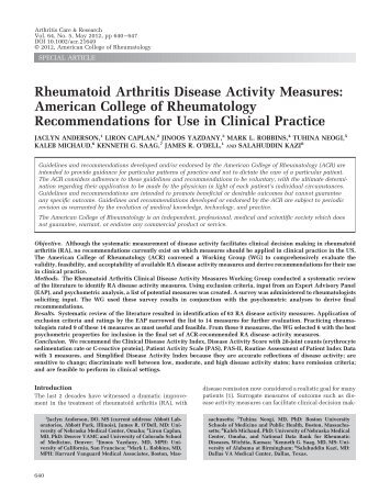 Rheumatoid Arthritis Disease Activity Measures: American College ...
