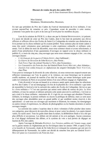 Discours de remise du prix des cadets 2012 - Ecoles de Saint-Cyr ...