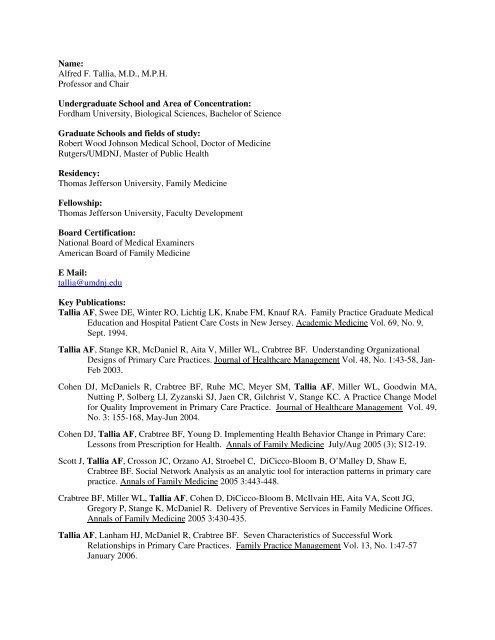 Alfred F Tallia M D M P H Professor And Robert Wood Johnson