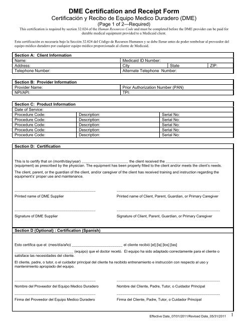 DME Certification and Receipt Form - TMHP