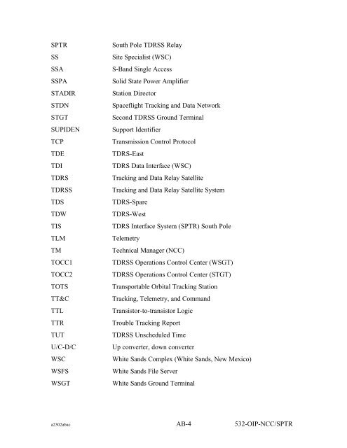 Operational Interface Procedures for the South Pole TDRSS Relay ...