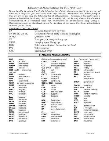 Glossary of Abbreviations for TDD/TTY Use - NZ Relay